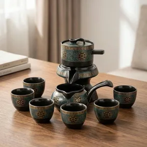Set de ceai din ceramică, 8 piese, ceainic rotativ și cești