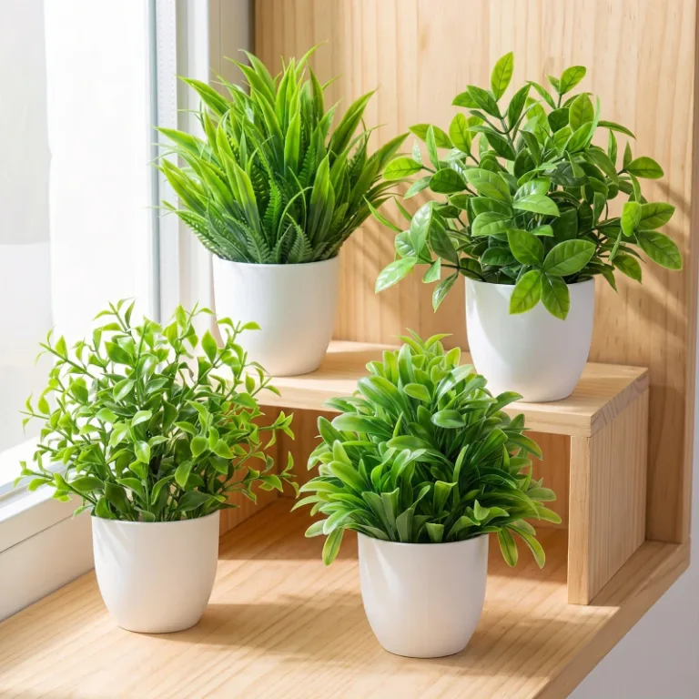 small faux potted plants, small artificial plants in pots, small fake green plants