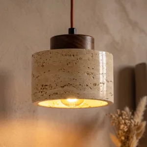Candelabru suspendat individual modern din piatră și lemn, cu lumini LED de tavan