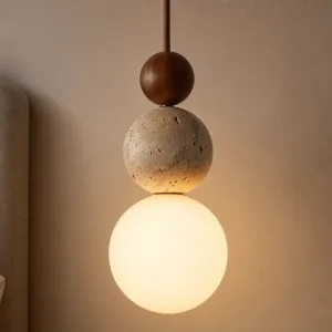 Candelabru din piatră de travertin, lung, cu LED, lampă suspendată din lemn