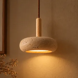 Candelabru simplu din piatră în stil japonez, cu suspensie lungă din lemn și LED pentru tavan